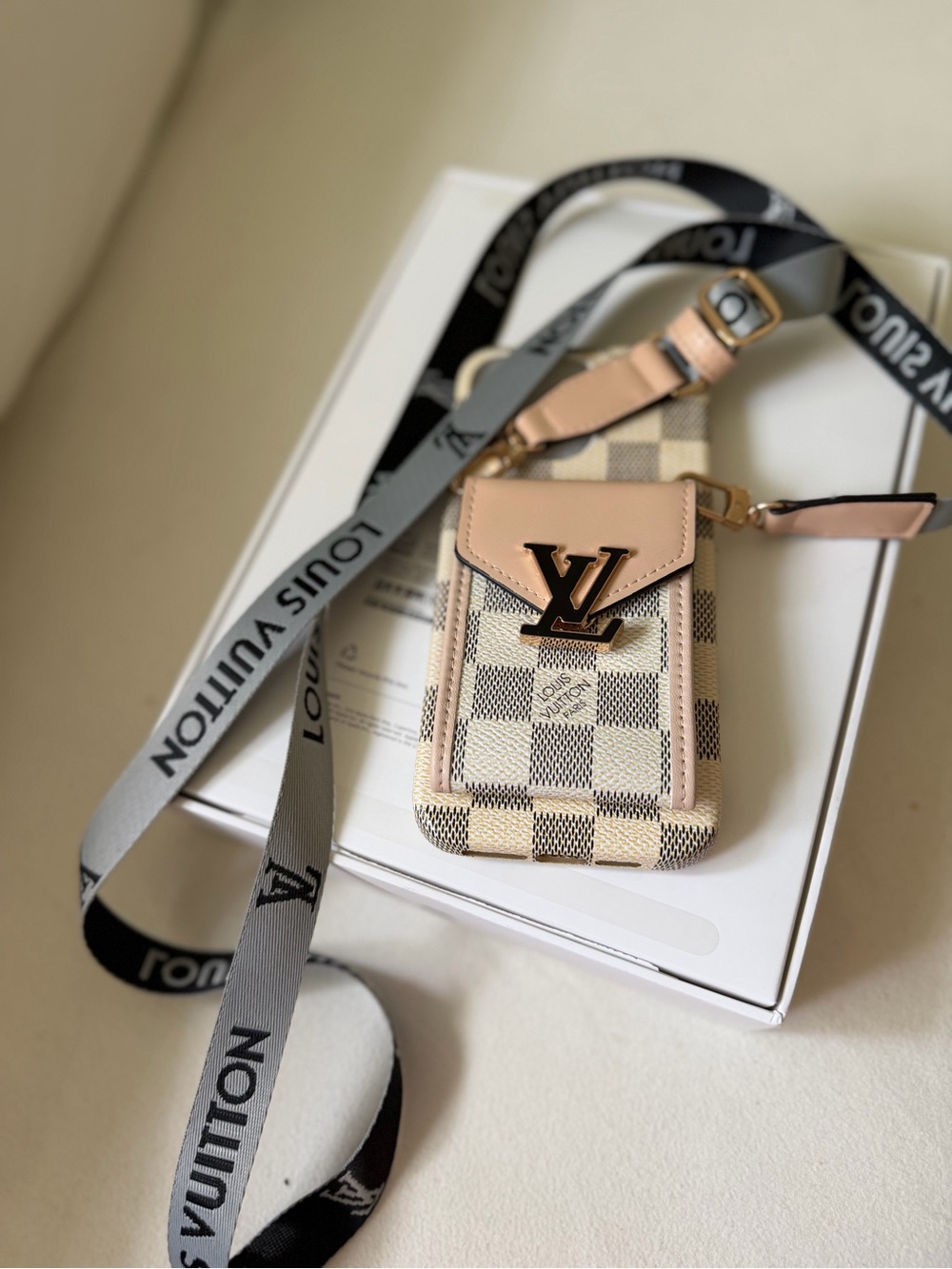 Louis Vuitton Damier Azur Phone Holder with Blush Pink Trim